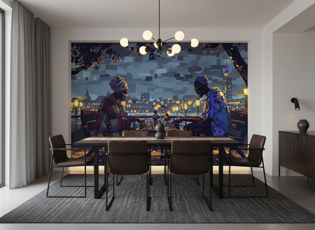 Papier Peint Urbain Deux Joueurs d'Échecs Sous Éclairage Nocturne Artistique - Salle à manger