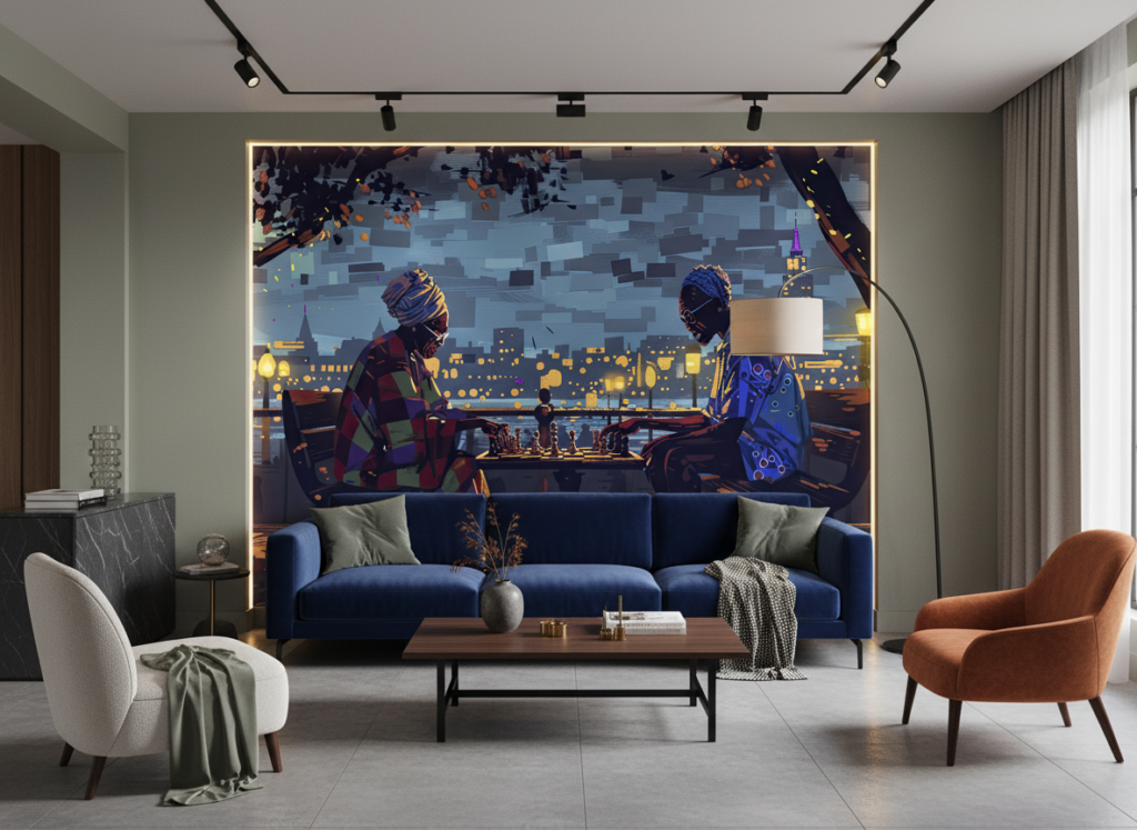 Papier Peint Urbain Deux Joueurs d'Échecs Sous Éclairage Nocturne Artistique - Salon / Séjour