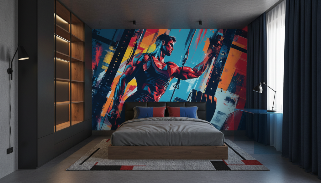 Papier Peint Urbain Fitness Homme Musculé Style Street Art - Chambre ado