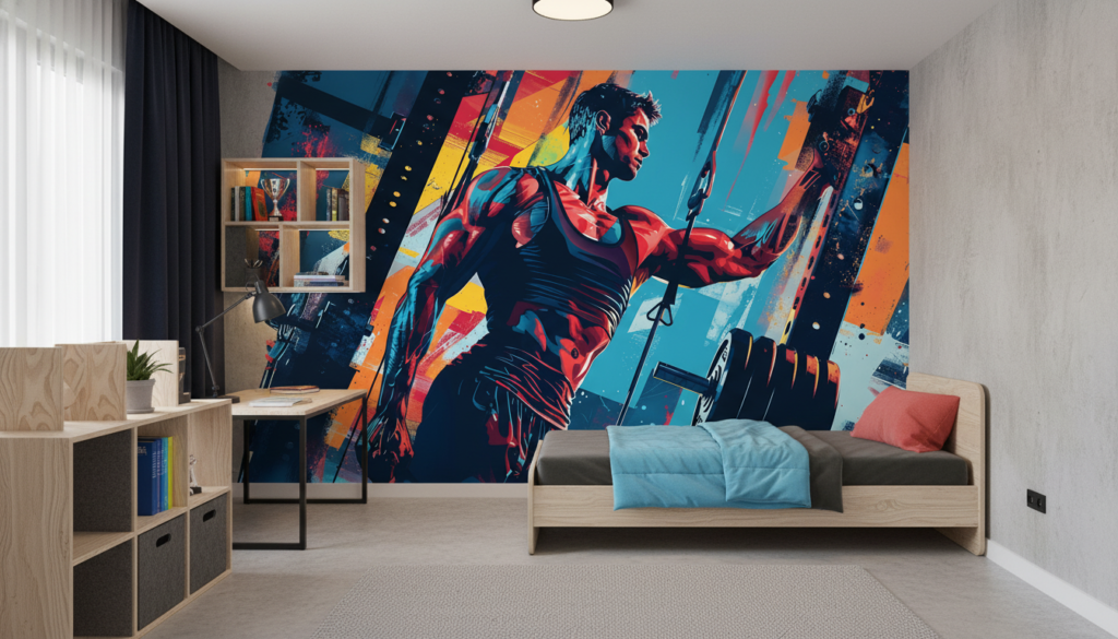 Papier Peint Urbain Fitness Homme Musculé Style Street Art - Chambre enfant