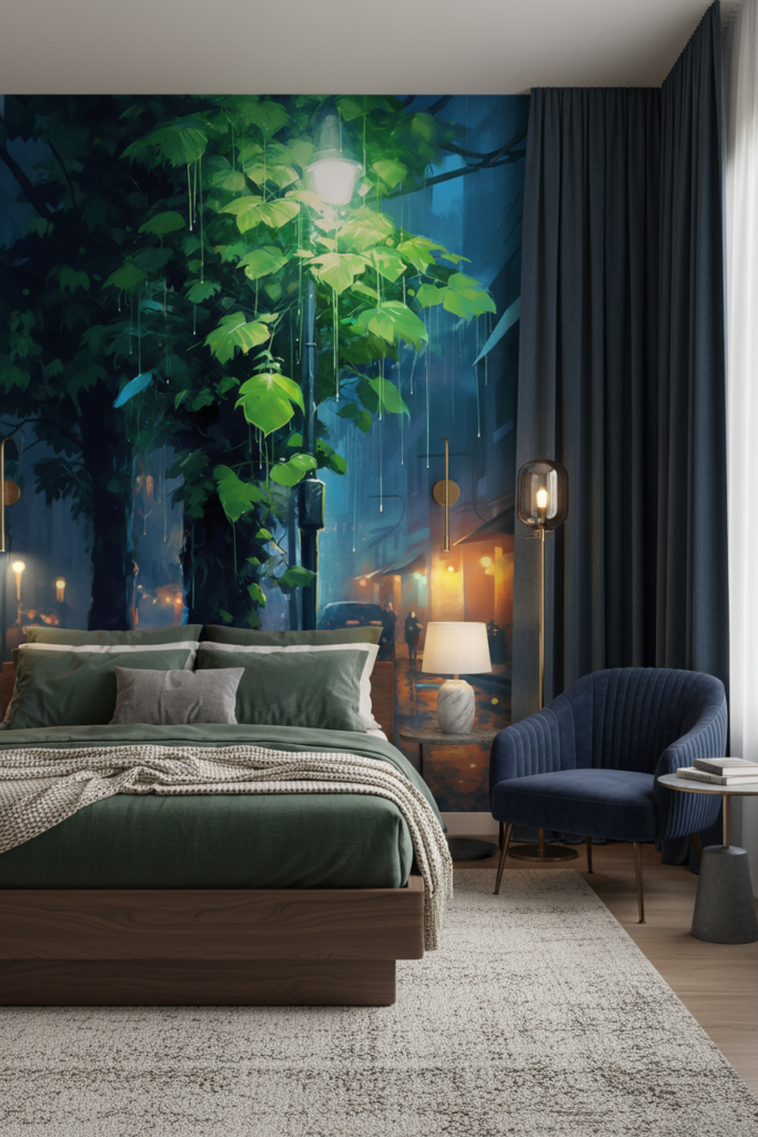 Papier peint urbain nocturne avec végétation luxuriante sous la pluie - Chambre adulte