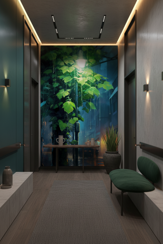 Papier peint urbain nocturne avec végétation luxuriante sous la pluie - Couloir