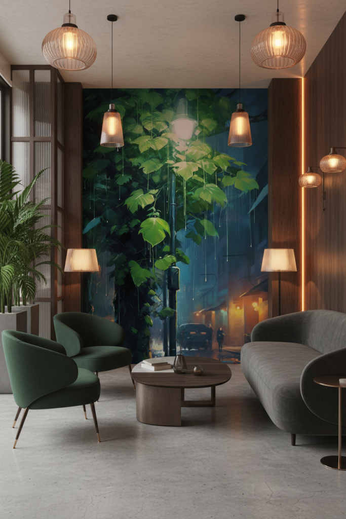 Papier peint urbain nocturne avec végétation luxuriante sous la pluie - Restaurant