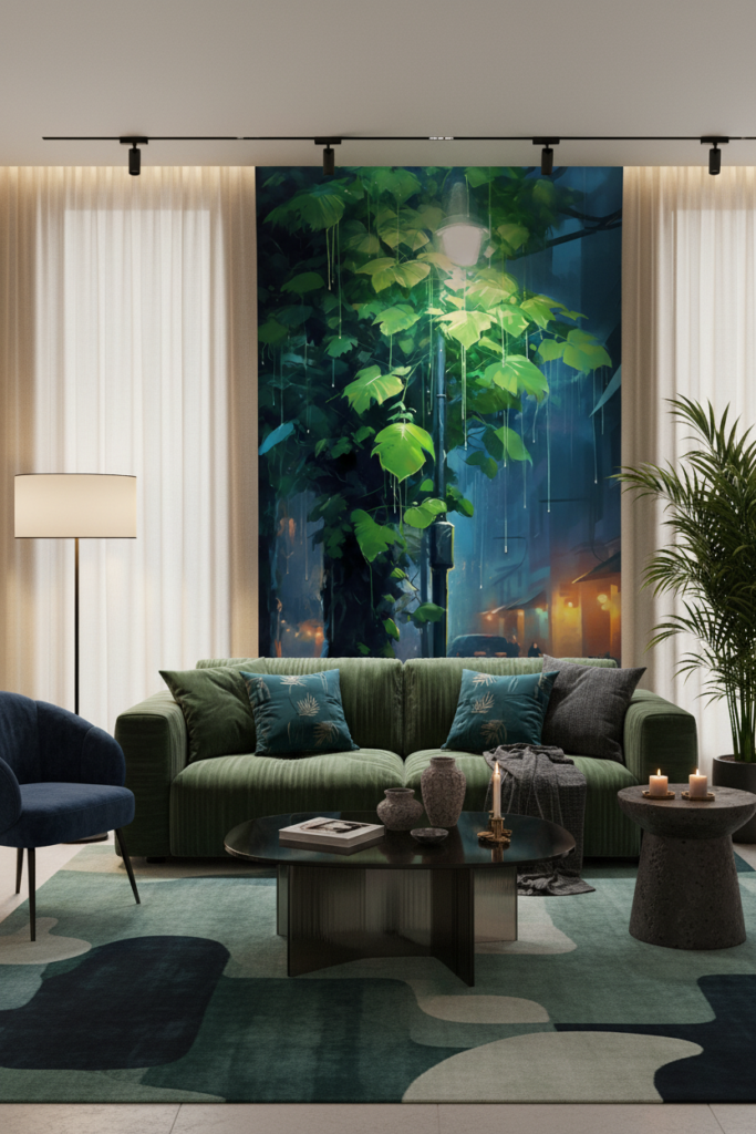 Papier peint urbain nocturne avec végétation luxuriante sous la pluie - Salon / Séjour