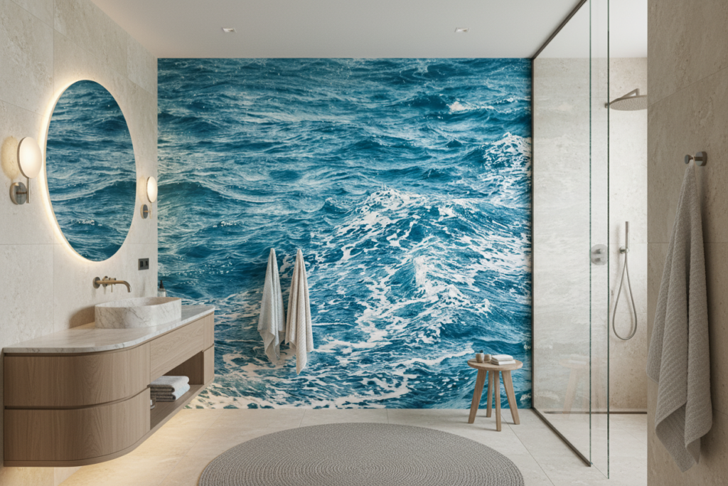 Papier peint vagues océan bleu turquoise mouvement aquatique naturel - Salle de bain