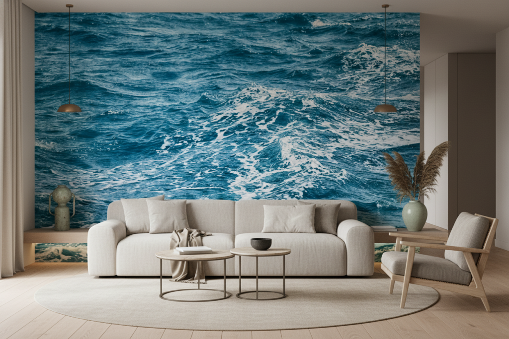 Papier peint vagues océan bleu turquoise mouvement aquatique naturel - Salon / Séjour