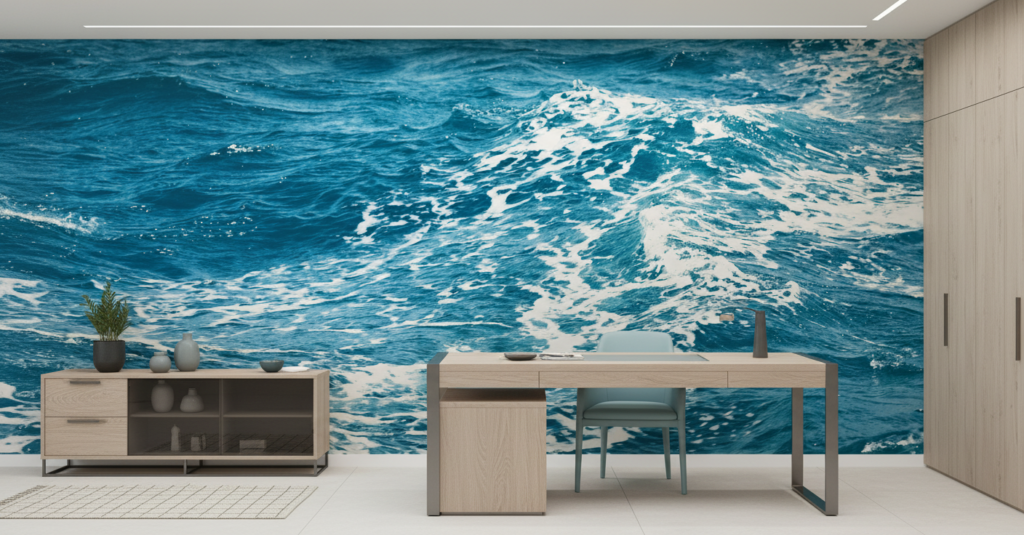 Papier Peint Vagues Océaniques Bleu Turquoise Écume Blanche - Bureau