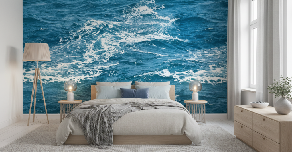 Papier Peint Vagues Océaniques Bleu Turquoise Écume Blanche - Chambre adulte