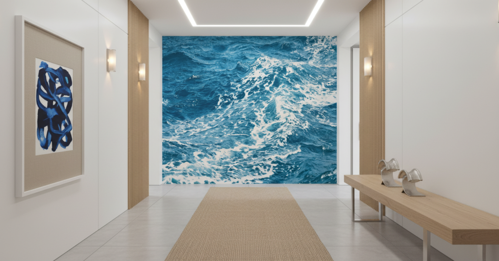 Papier Peint Vagues Océaniques Bleu Turquoise Écume Blanche - Couloir