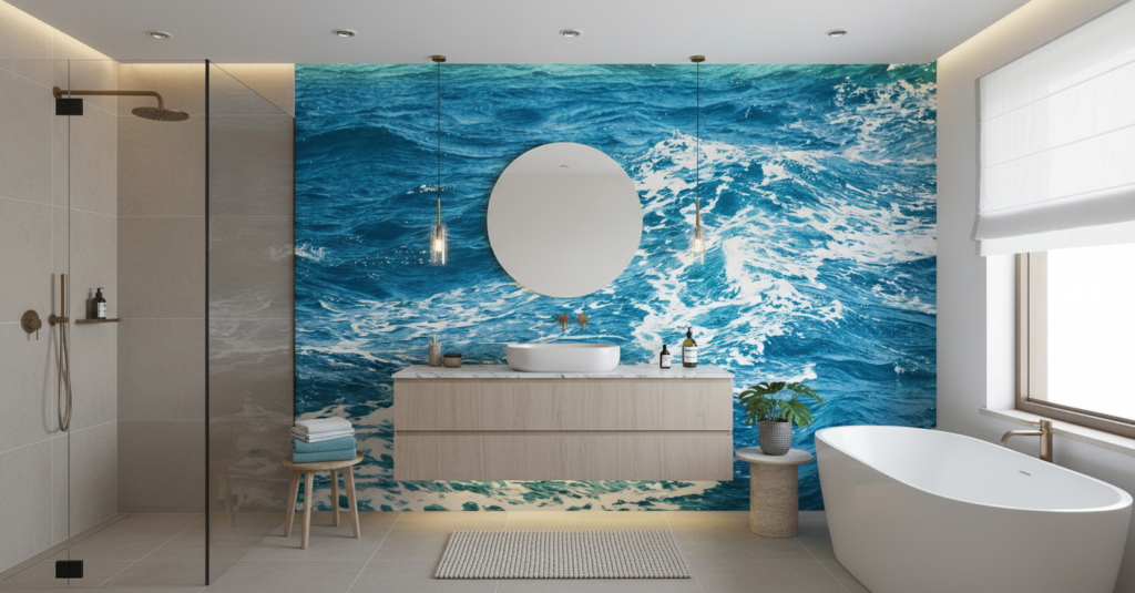 Papier Peint Vagues Océaniques Bleu Turquoise Écume Blanche - Salle de bain