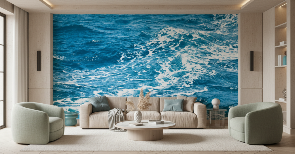 Papier Peint Vagues Océaniques Bleu Turquoise Écume Blanche - Salon / Séjour