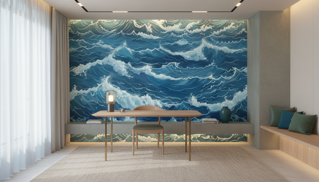 Papier Peint Vagues Océaniques Bleues Style Japonais Traditionnel - Bureau
