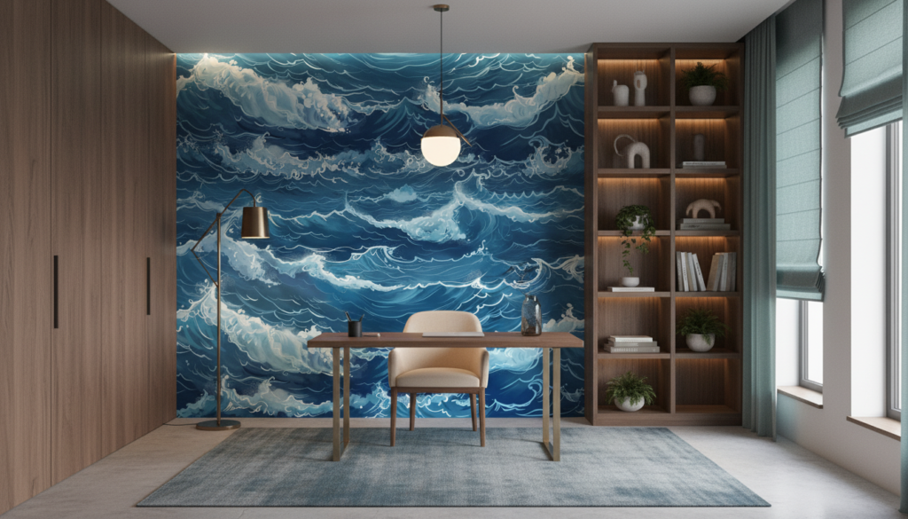Papier Peint Vagues Océaniques Bleues Style Japonais Traditionnel - Bureau