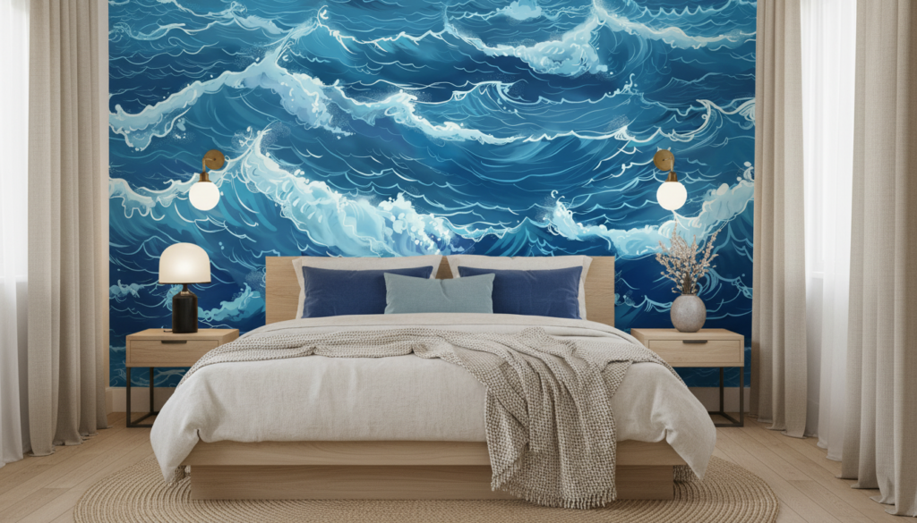 Papier Peint Vagues Océaniques Bleues Style Japonais Traditionnel - Chambre adulte