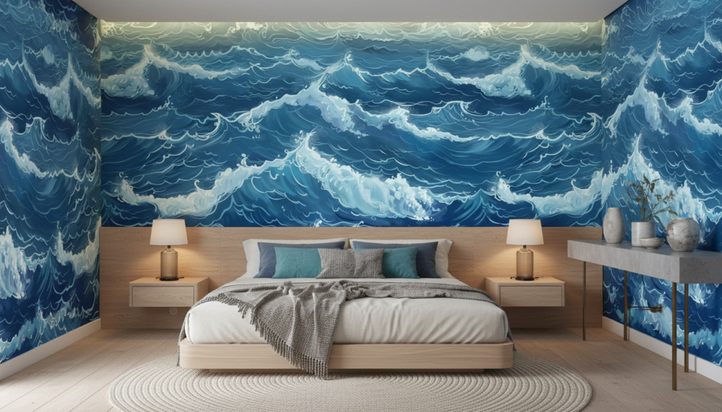 Papier Peint Vagues Océaniques Bleues Style Japonais Traditionnel - Hôtel