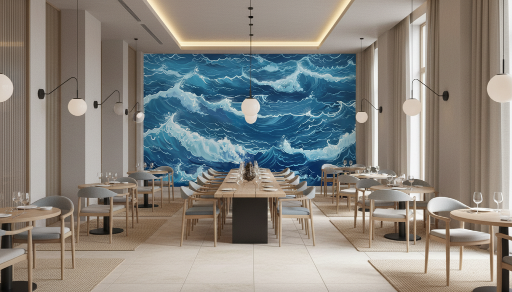 Papier Peint Vagues Océaniques Bleues Style Japonais Traditionnel - Restaurant