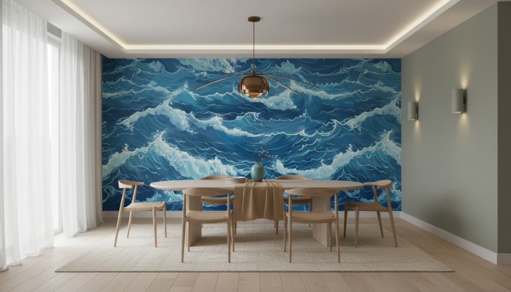 Papier Peint Vagues Océaniques Bleues Style Japonais Traditionnel - Salle à manger