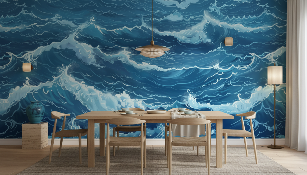 Papier Peint Vagues Océaniques Bleues Style Japonais Traditionnel - Salle à manger