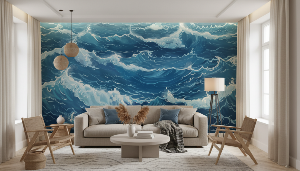 Papier Peint Vagues Océaniques Bleues Style Japonais Traditionnel - Salon / Séjour