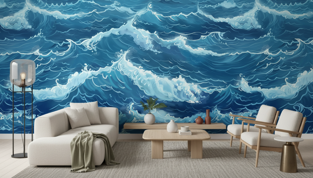 Papier Peint Vagues Océaniques Bleues Style Japonais Traditionnel - Salon / Séjour