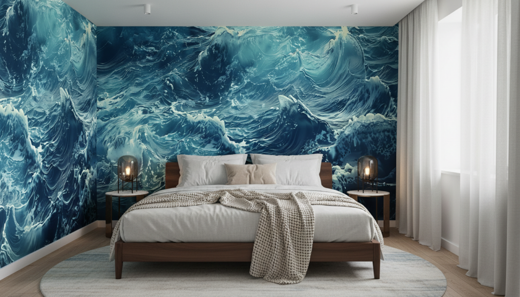 Papier Peint Vagues Océaniques Majestueuses en Mouvement Bleu Turquoise - Chambre adulte