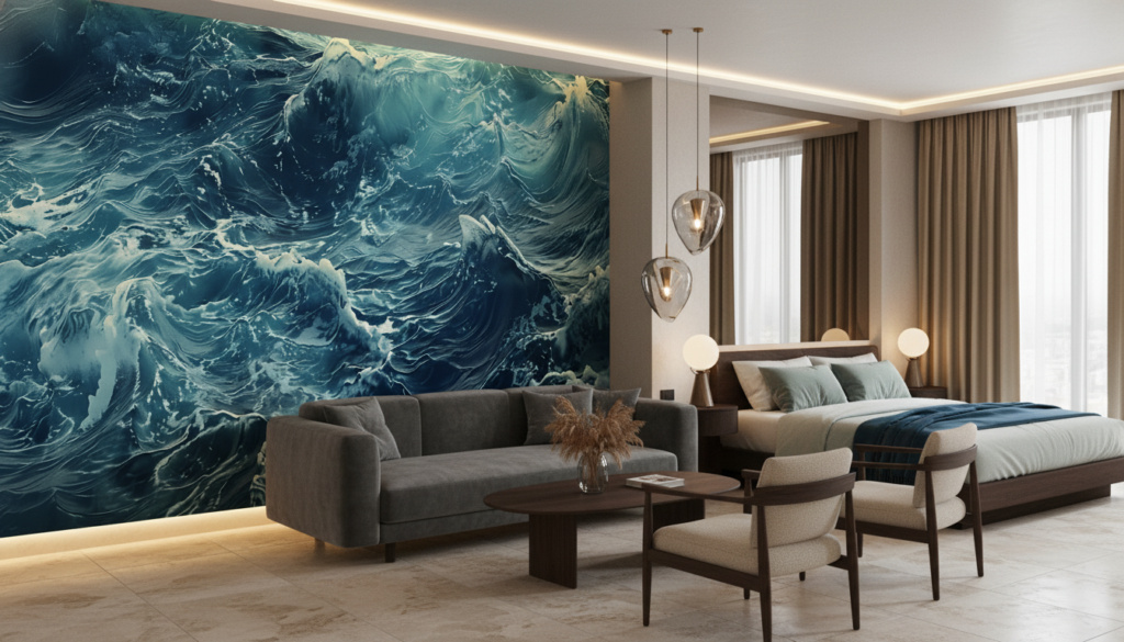 Papier Peint Vagues Océaniques Majestueuses en Mouvement Bleu Turquoise - Hôtel