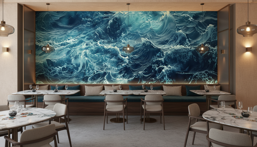 Papier Peint Vagues Océaniques Majestueuses en Mouvement Bleu Turquoise - Restaurant