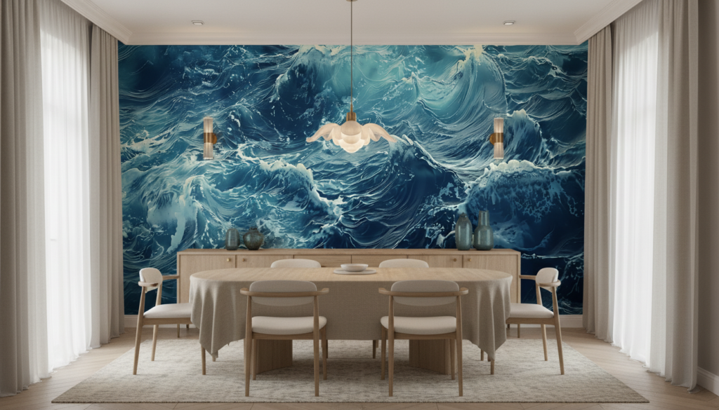 Papier Peint Vagues Océaniques Majestueuses en Mouvement Bleu Turquoise - Salle à manger
