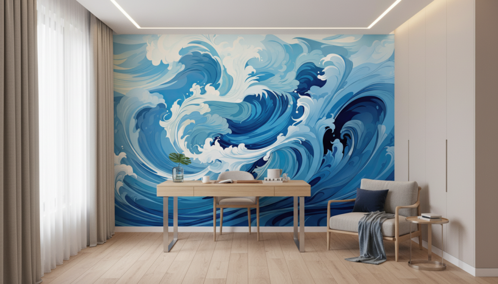 Papier peint vagues océaniques style japonais bleu et blanc - Bureau