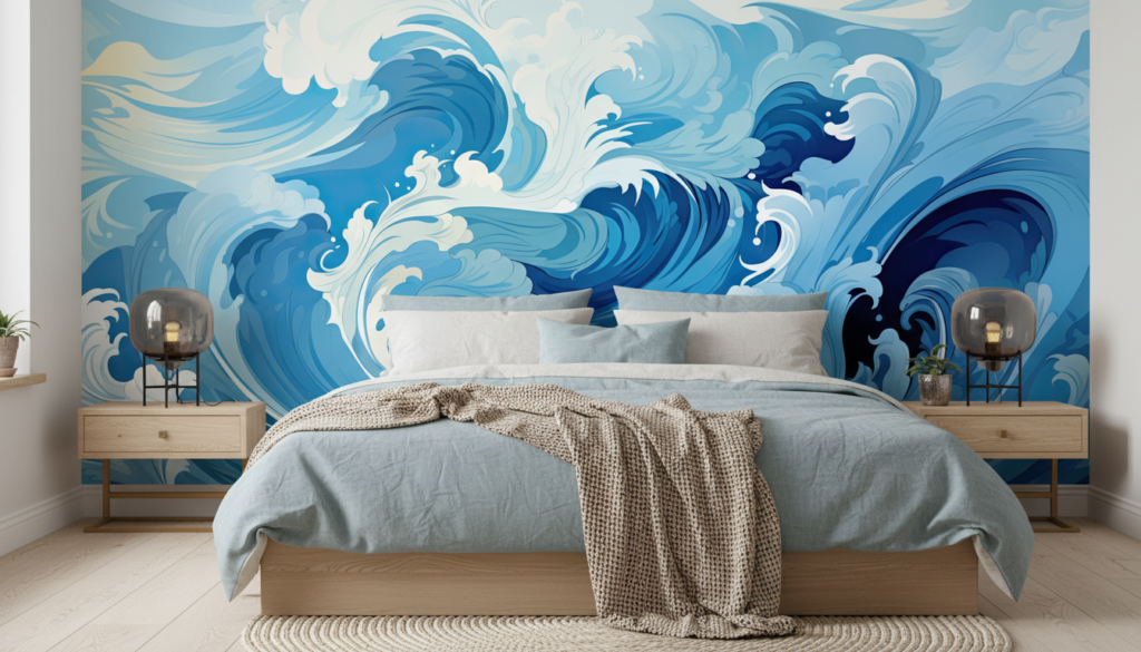 Papier peint vagues océaniques style japonais bleu et blanc - Chambre adulte
