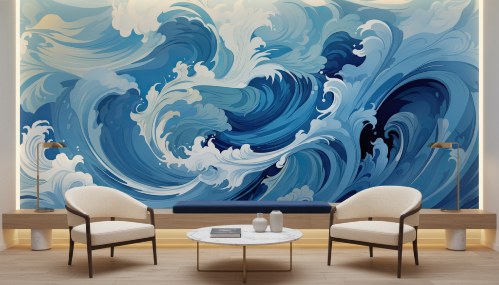 Papier peint vagues océaniques style japonais bleu et blanc - Hôtel