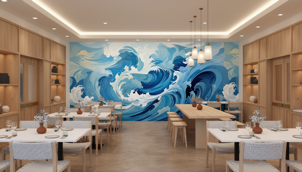 Papier peint vagues océaniques style japonais bleu et blanc - Restaurant