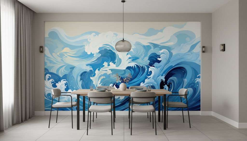 Papier peint vagues océaniques style japonais bleu et blanc - Salle à manger