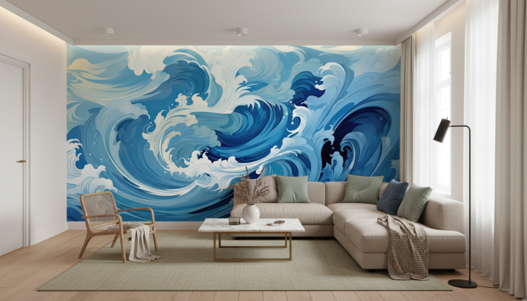 Papier peint vagues océaniques style japonais bleu et blanc - Salon / Séjour