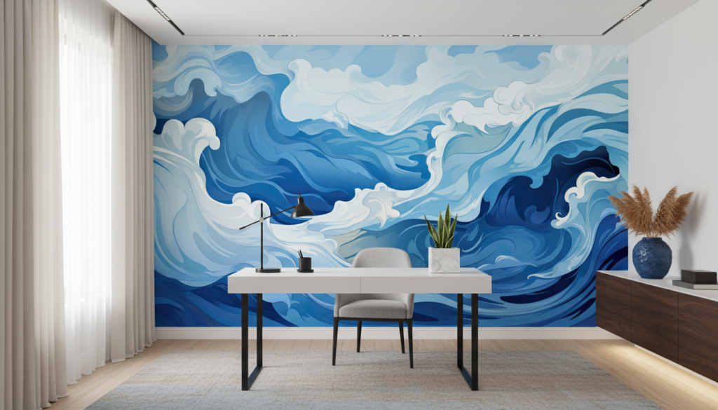 Papier Peint Vagues Océaniques Stylisées Bleu et Blanc - Bureau