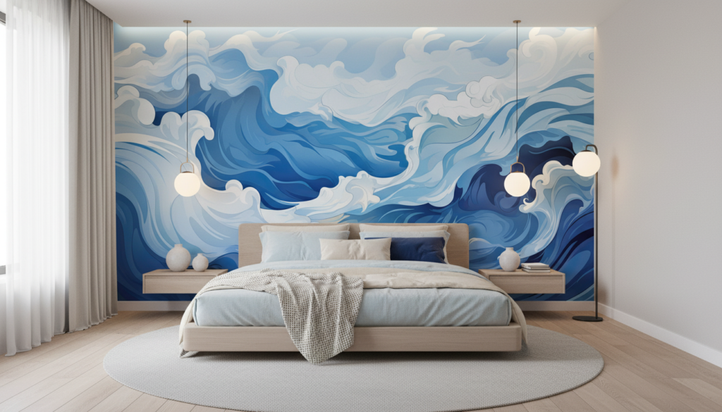 Papier Peint Vagues Océaniques Stylisées Bleu et Blanc - Chambre adulte