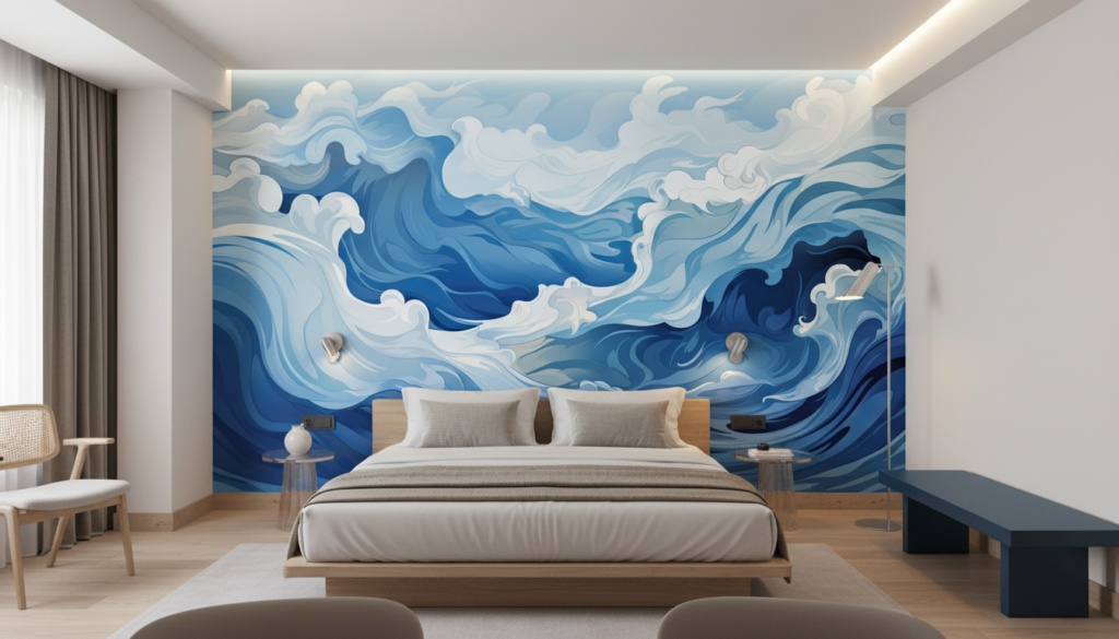 Papier Peint Vagues Océaniques Stylisées Bleu et Blanc - Hôtel