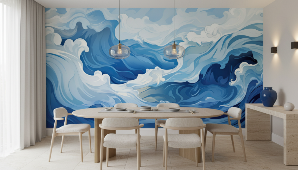 Papier Peint Vagues Océaniques Stylisées Bleu et Blanc - Salle à manger