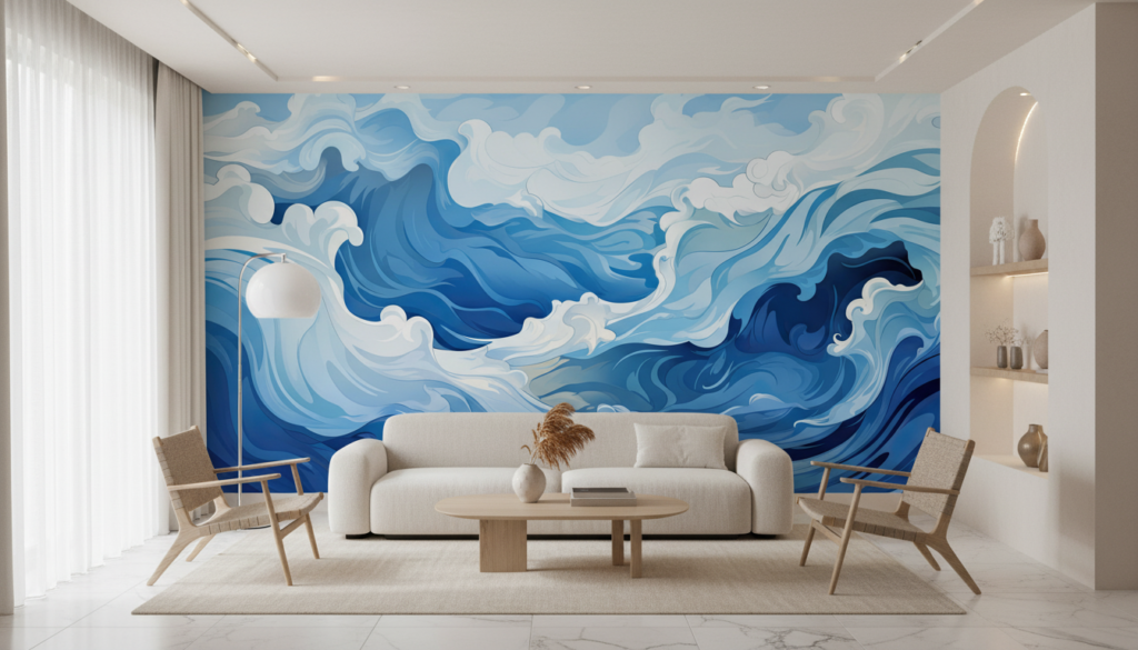 Papier Peint Vagues Océaniques Stylisées Bleu et Blanc - Salon / Séjour