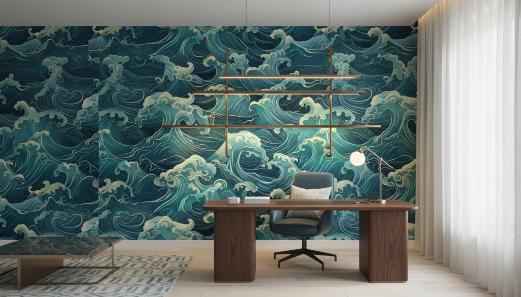 Papier Peint Vagues Océaniques Style Japonais Turquoise et Crème - Bureau