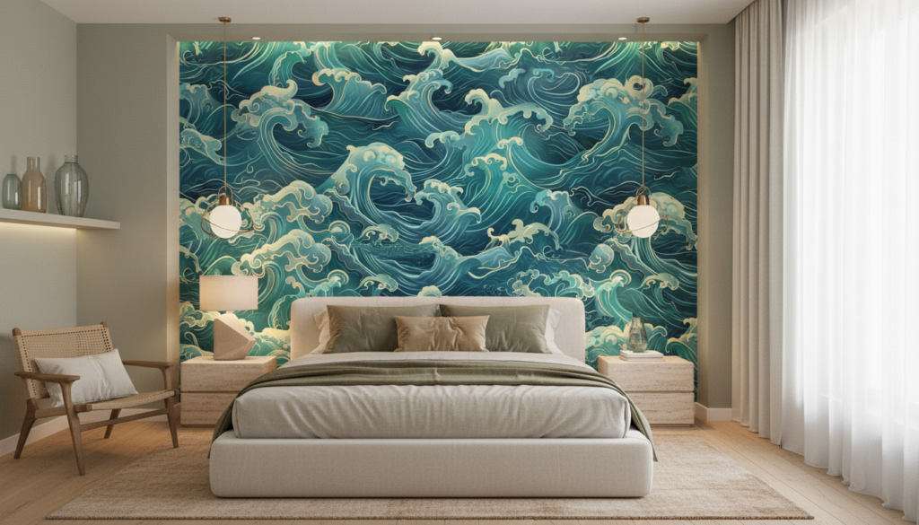 Papier Peint Vagues Océaniques Style Japonais Turquoise et Crème - Chambre adulte