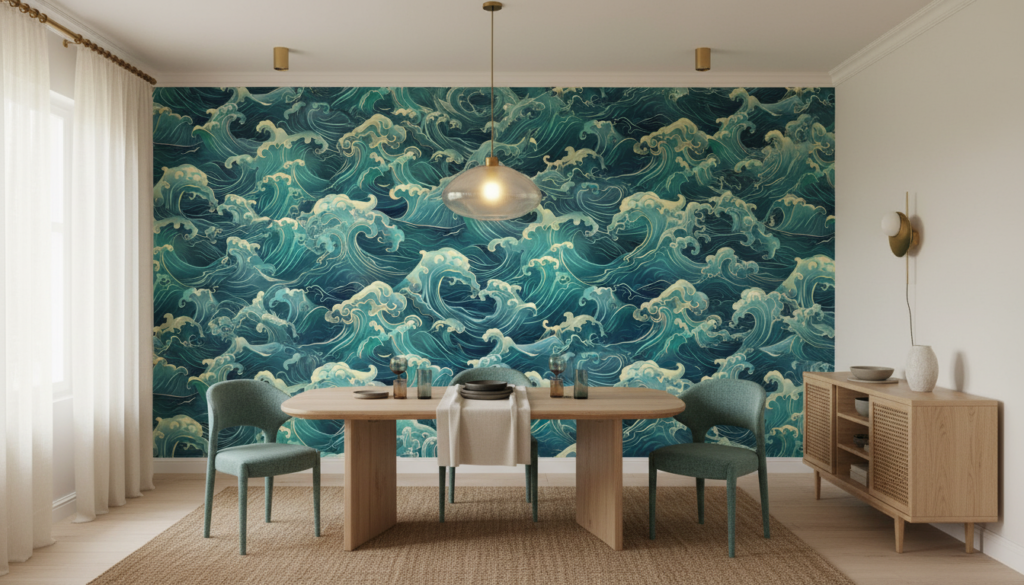 Papier Peint Vagues Océaniques Style Japonais Turquoise et Crème - Salle à manger