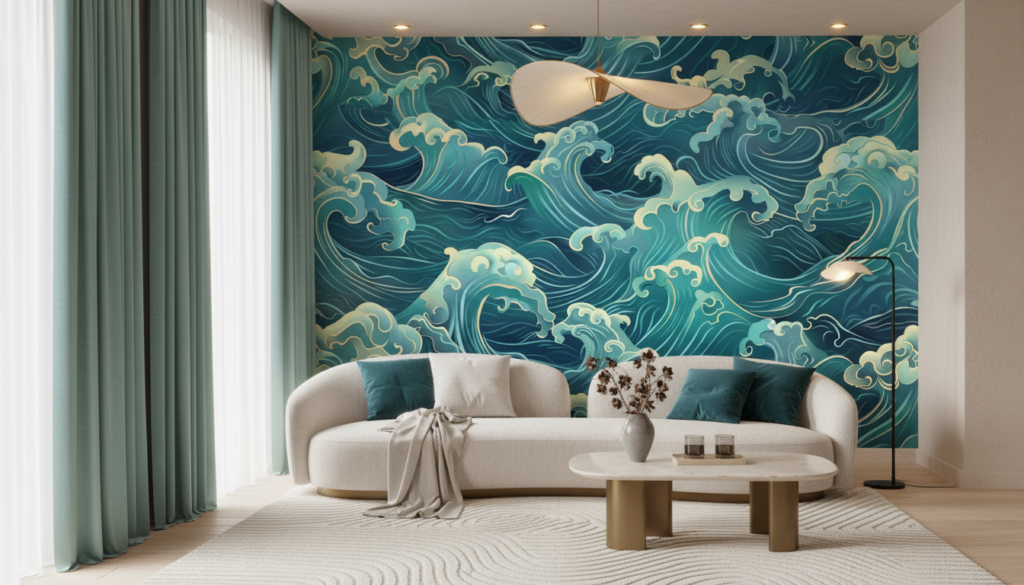 Papier Peint Vagues Océaniques Style Japonais Turquoise et Crème - Salon / Séjour