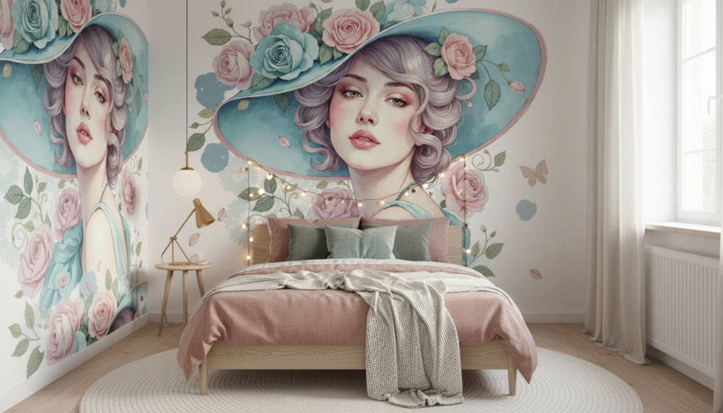 Papier peint vintage élégante dame aux roses romantique aquarelle - Chambre ado