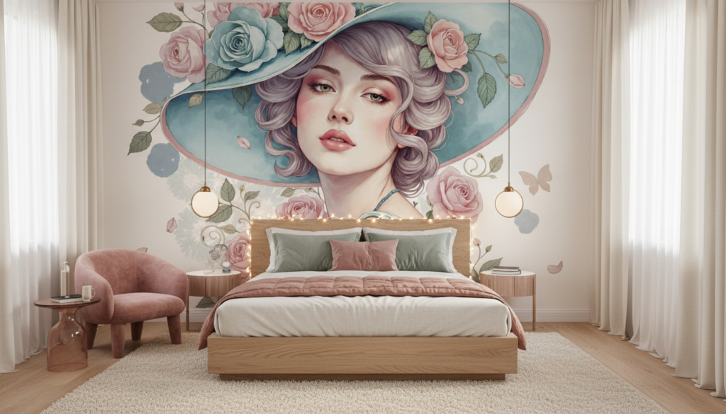 Papier peint vintage élégante dame aux roses romantique aquarelle - Chambre adulte