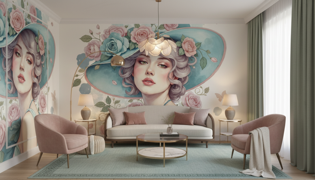 Papier peint vintage élégante dame aux roses romantique aquarelle - Salon / Séjour