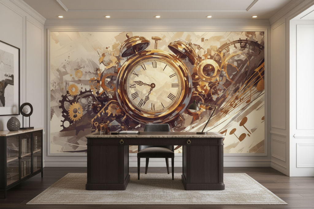 Papier Peint Vintage Horloge Dorée et Partition Musicale Artistique - Bureau