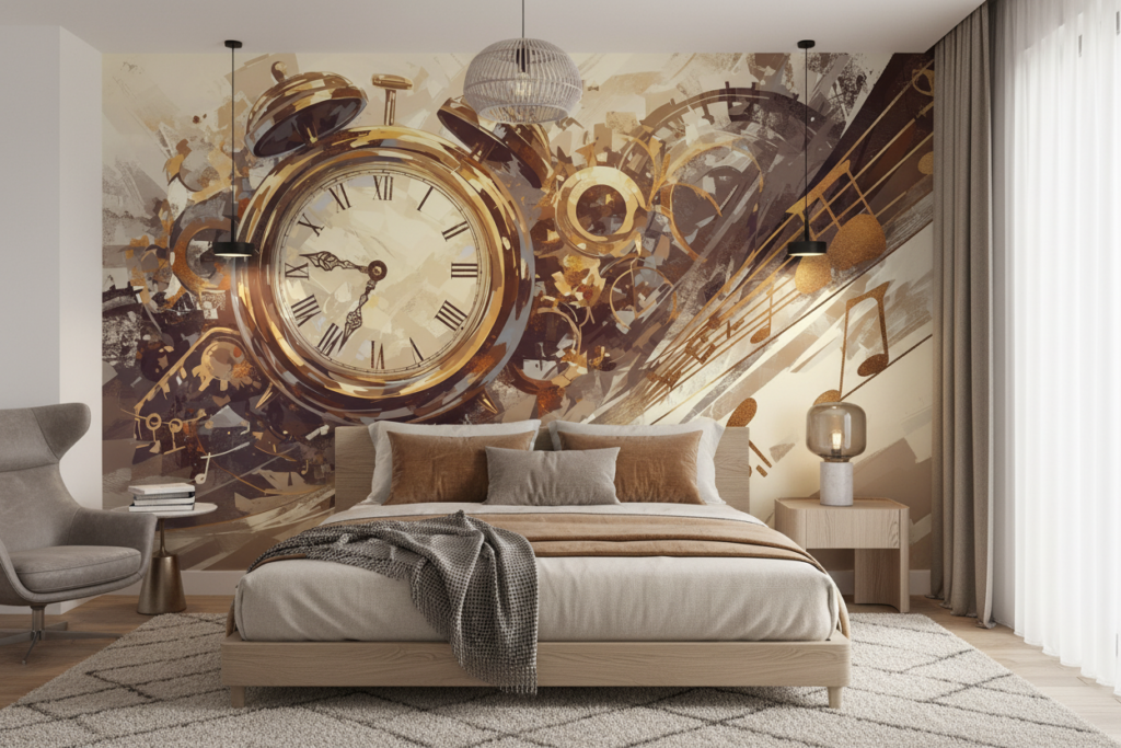 Papier Peint Vintage Horloge Dorée et Partition Musicale Artistique - Chambre adulte