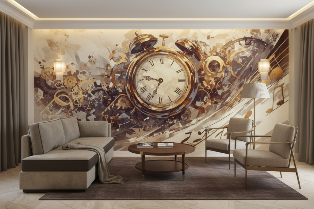 Papier Peint Vintage Horloge Dorée et Partition Musicale Artistique - Hôtel