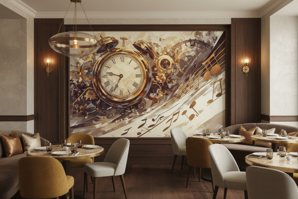 Papier Peint Vintage Horloge Dorée et Partition Musicale Artistique - Restaurant